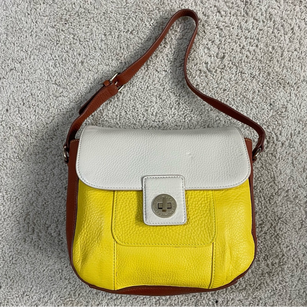 ISAAC MIZRAHI Yellow Brown Ivory COLORBLOCK Leather DESIGNER Shoulder BAG Purse
